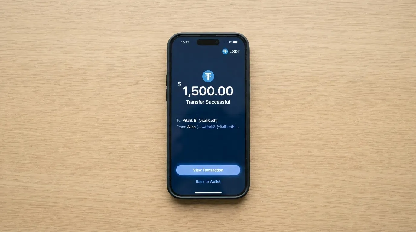 A phone showing a stablecoin transfer screen