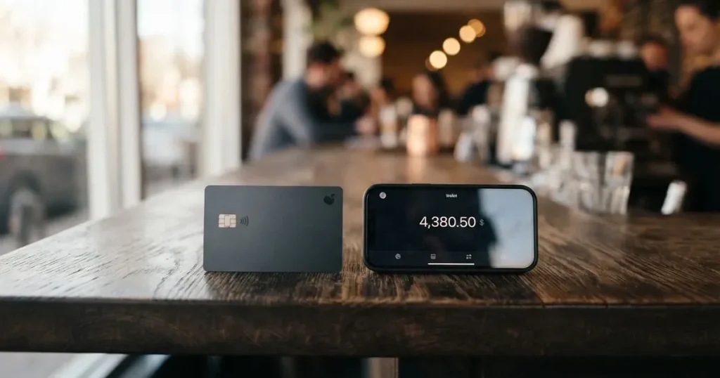 A payment card next to a phone with a crypto wallet app open