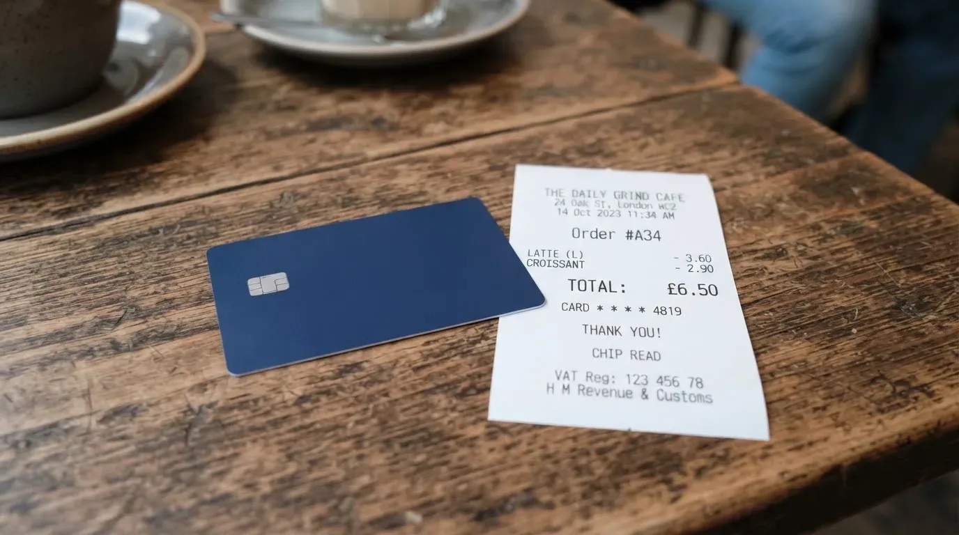 A receipt and a card on a café table