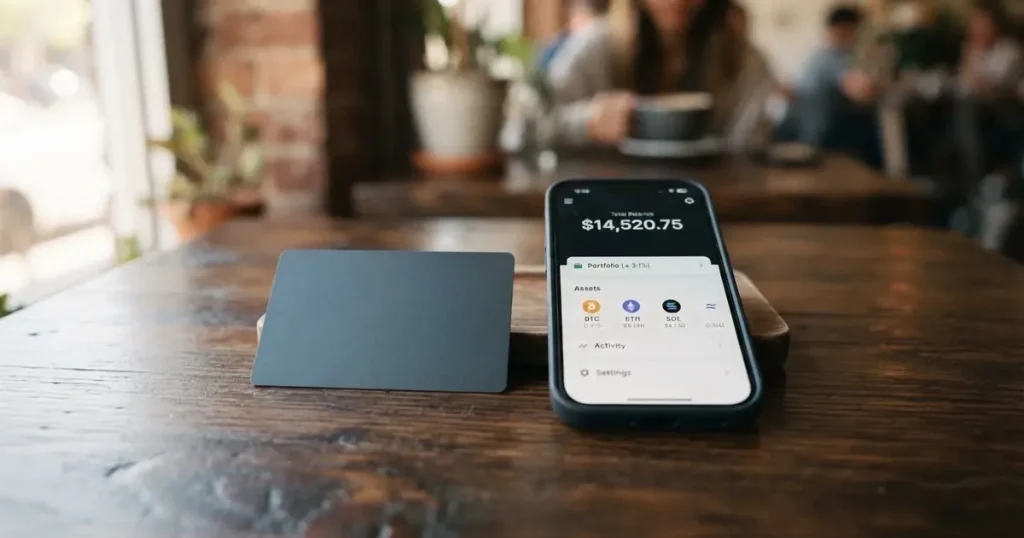 A payment card next to a phone with a crypto wallet app open