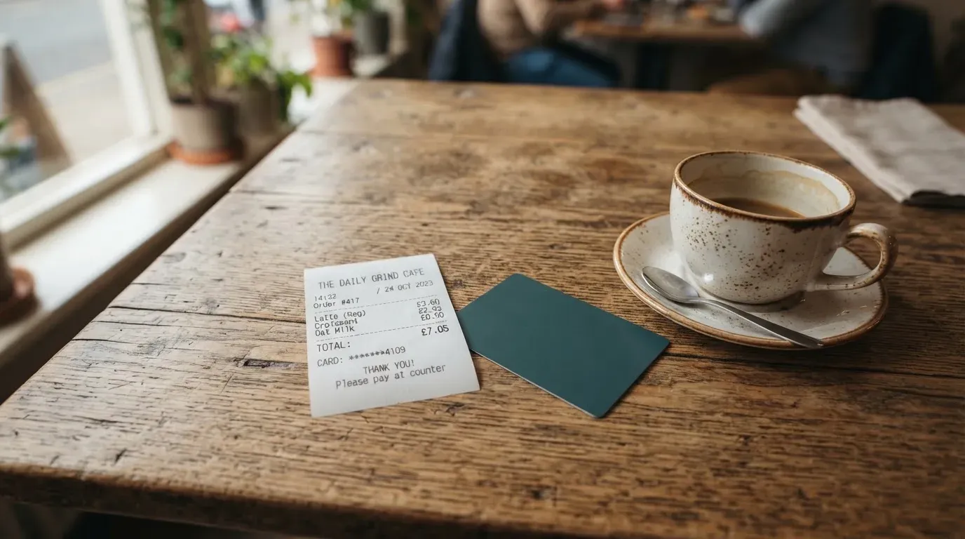 A receipt and a card on a café table