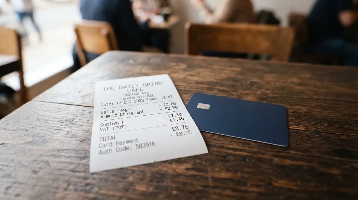 A receipt and a card on a café table