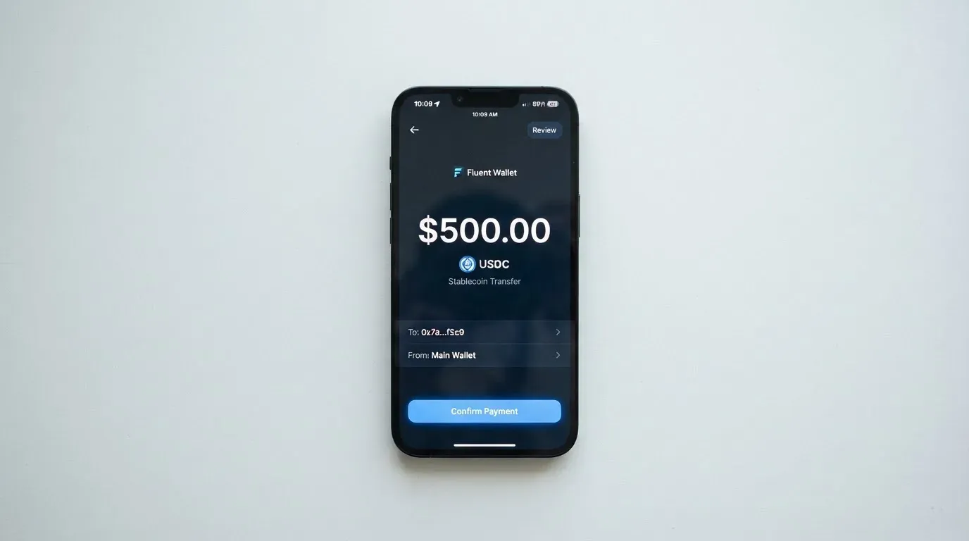 A phone showing a stablecoin transfer screen