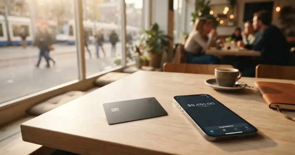 A payment card next to a phone with a crypto wallet app open