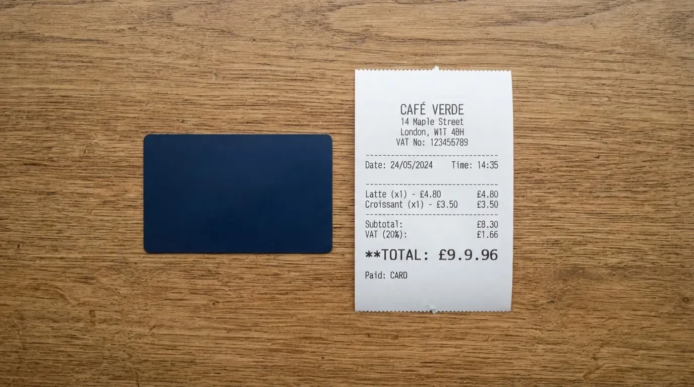 A receipt and a card on a café table