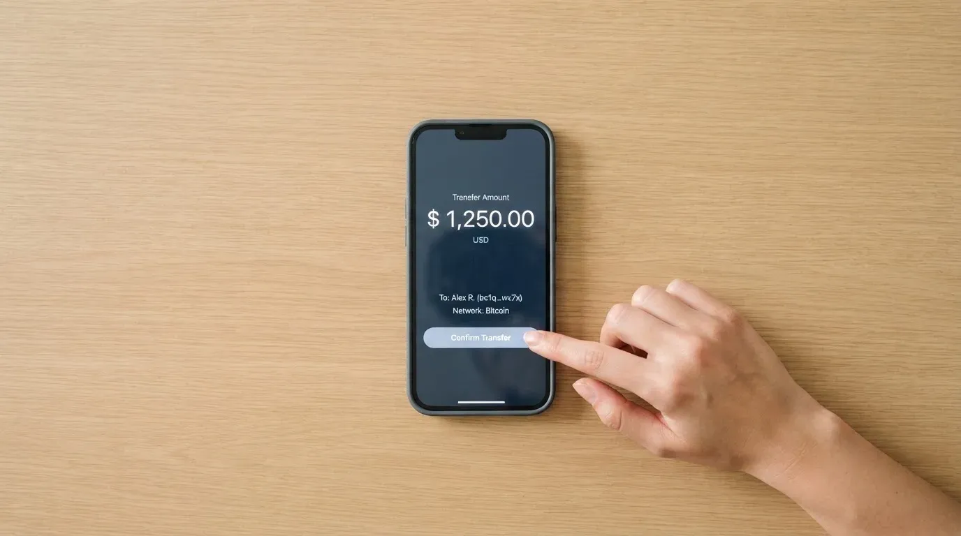A phone showing a stablecoin transfer screen