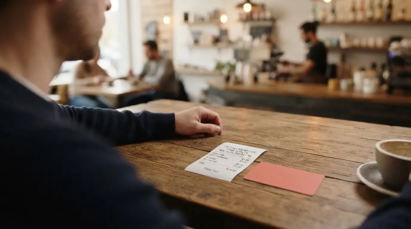 A receipt and a card on a café table