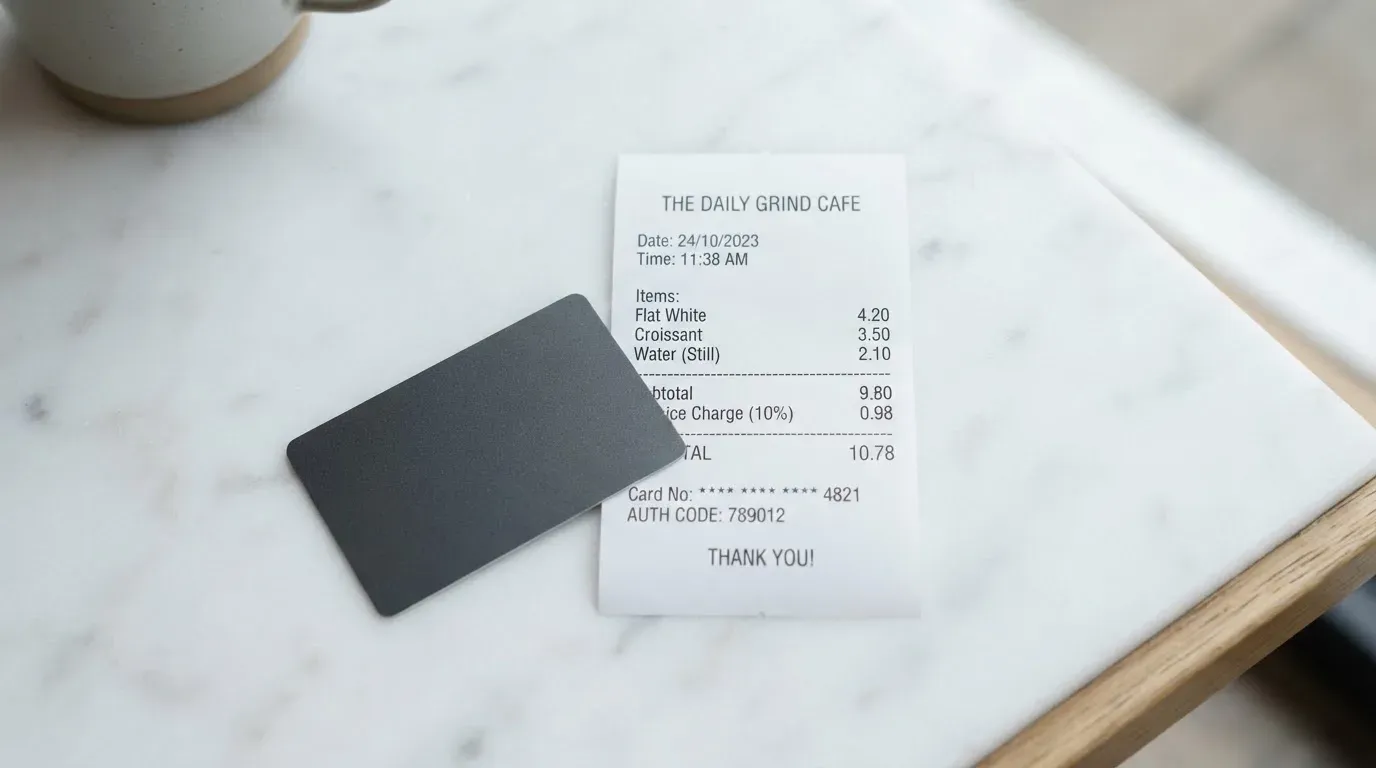 A receipt and a card on a café table
