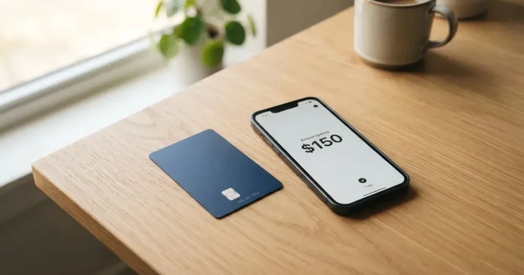 A payment card next to a phone with a crypto wallet app open