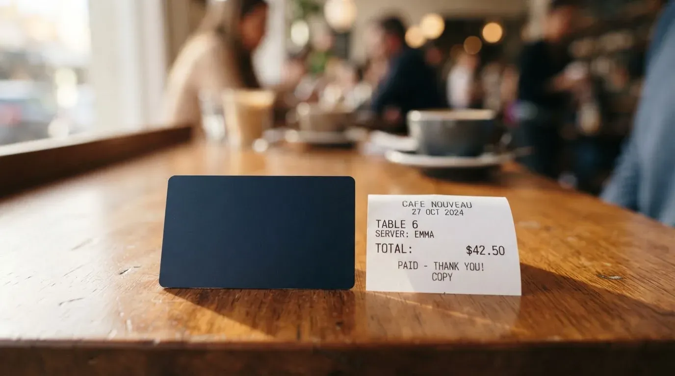 A receipt and a card on a café table