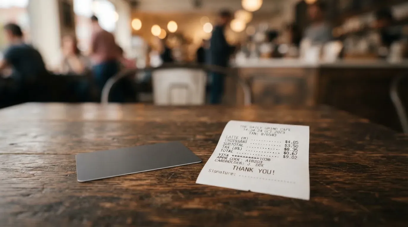 A receipt and a card on a café table