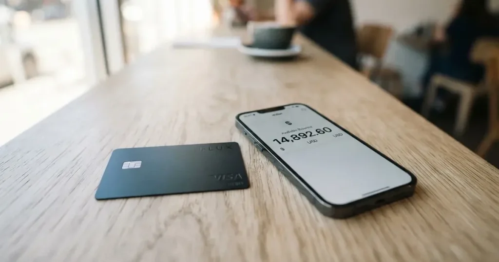 A payment card next to a phone with a crypto wallet app open