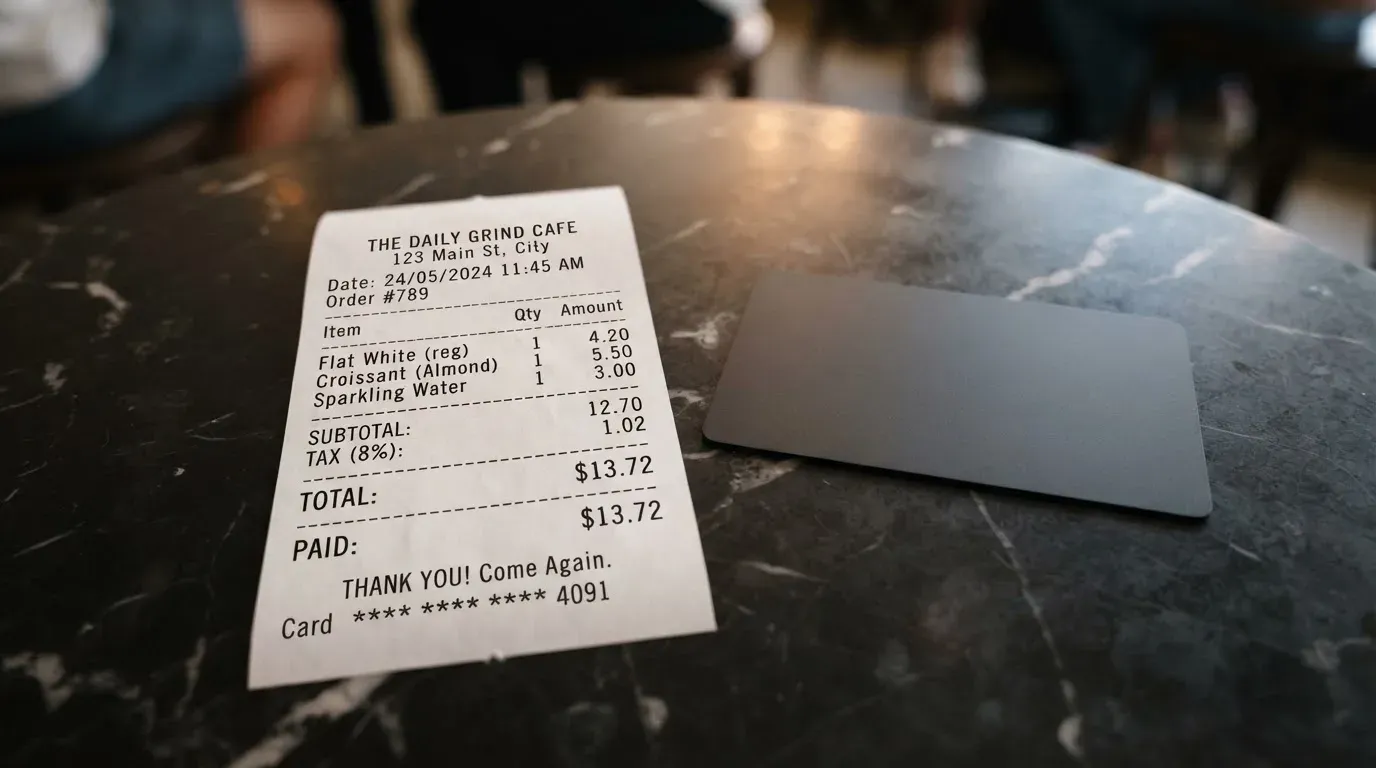 A receipt and a card on a café table
