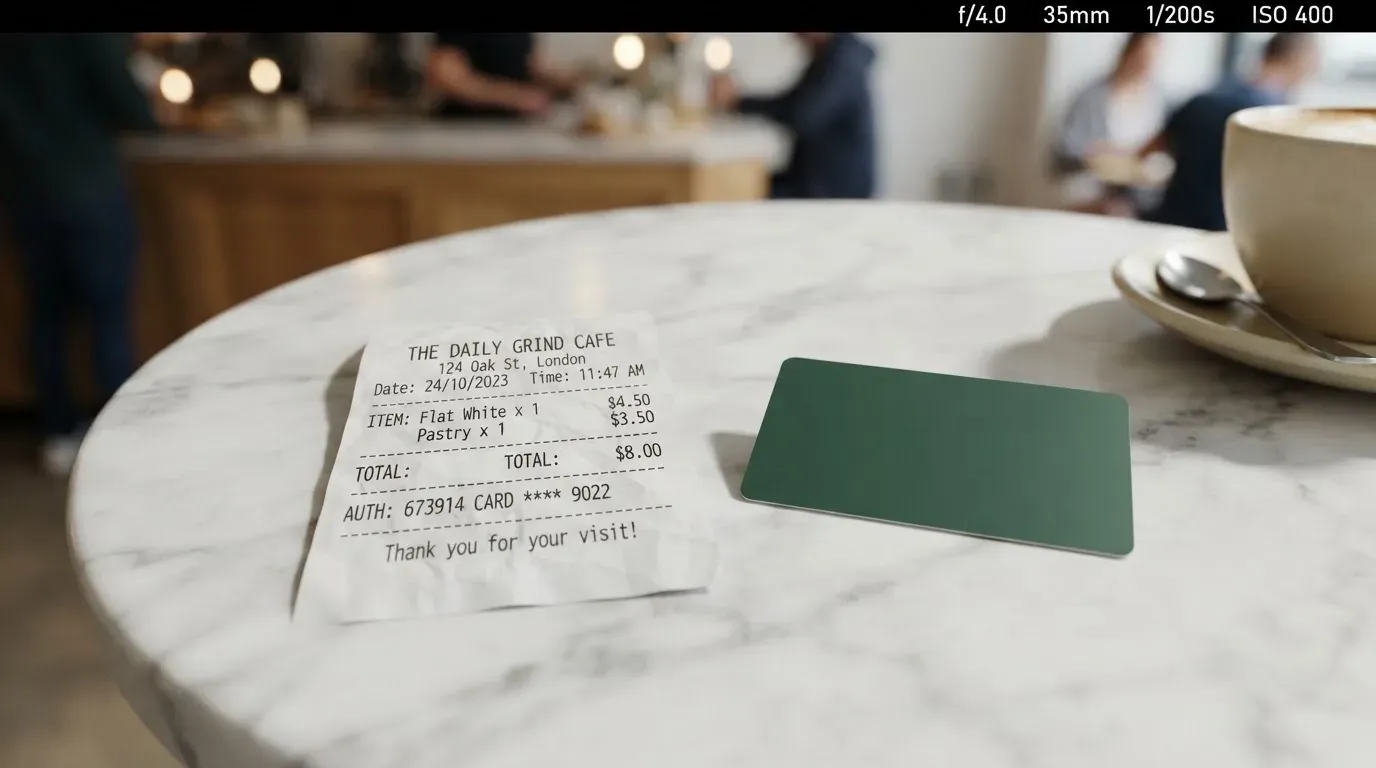 A receipt and a card on a café table