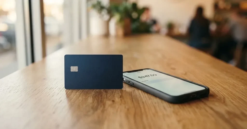 A payment card next to a phone with a crypto wallet app open
