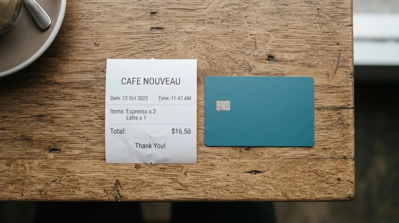 A receipt and a card on a café table