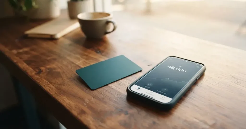 A payment card next to a phone with a crypto wallet app open