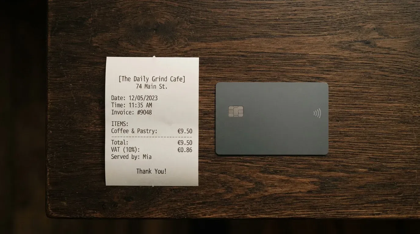 A receipt and a card on a café table