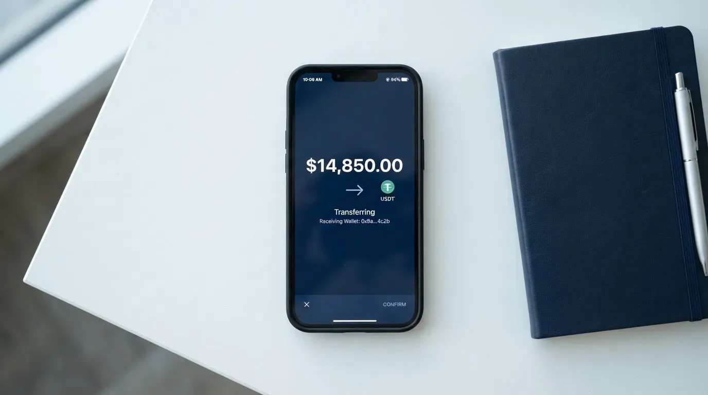 A phone showing a stablecoin transfer screen