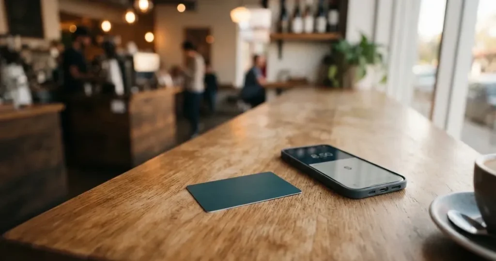 A payment card next to a phone with a crypto wallet app open