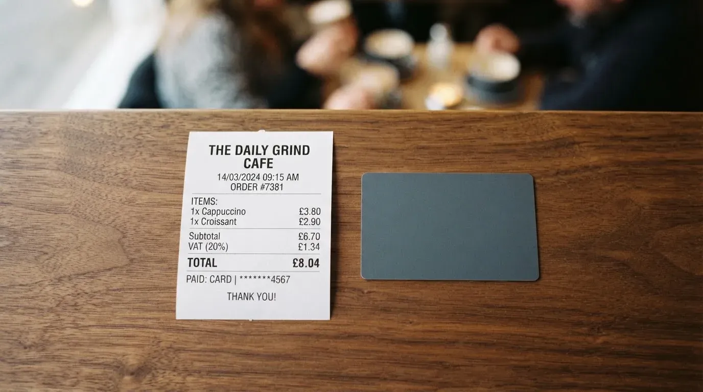 A receipt and a card on a café table
