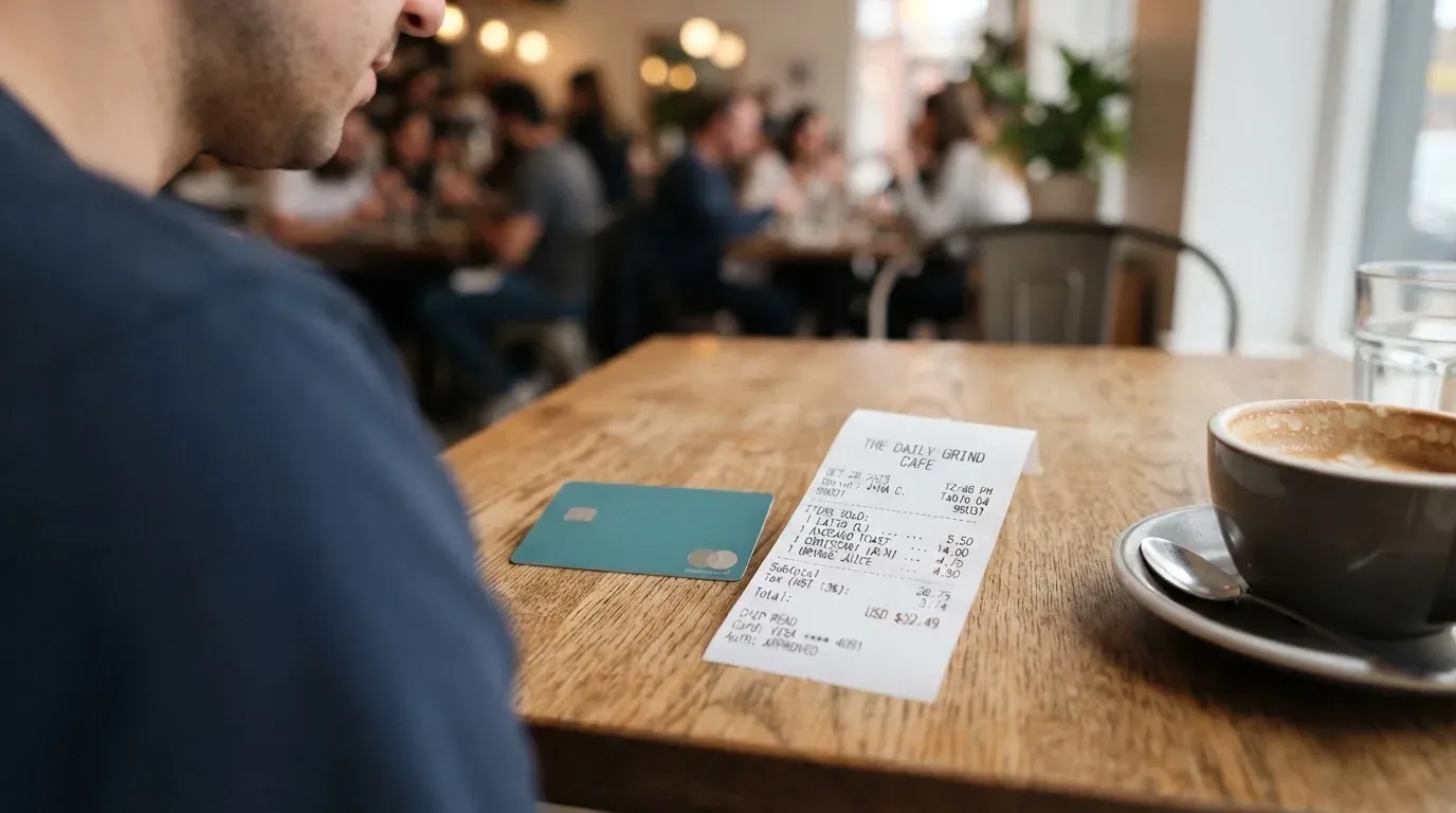 A receipt and a card on a café table