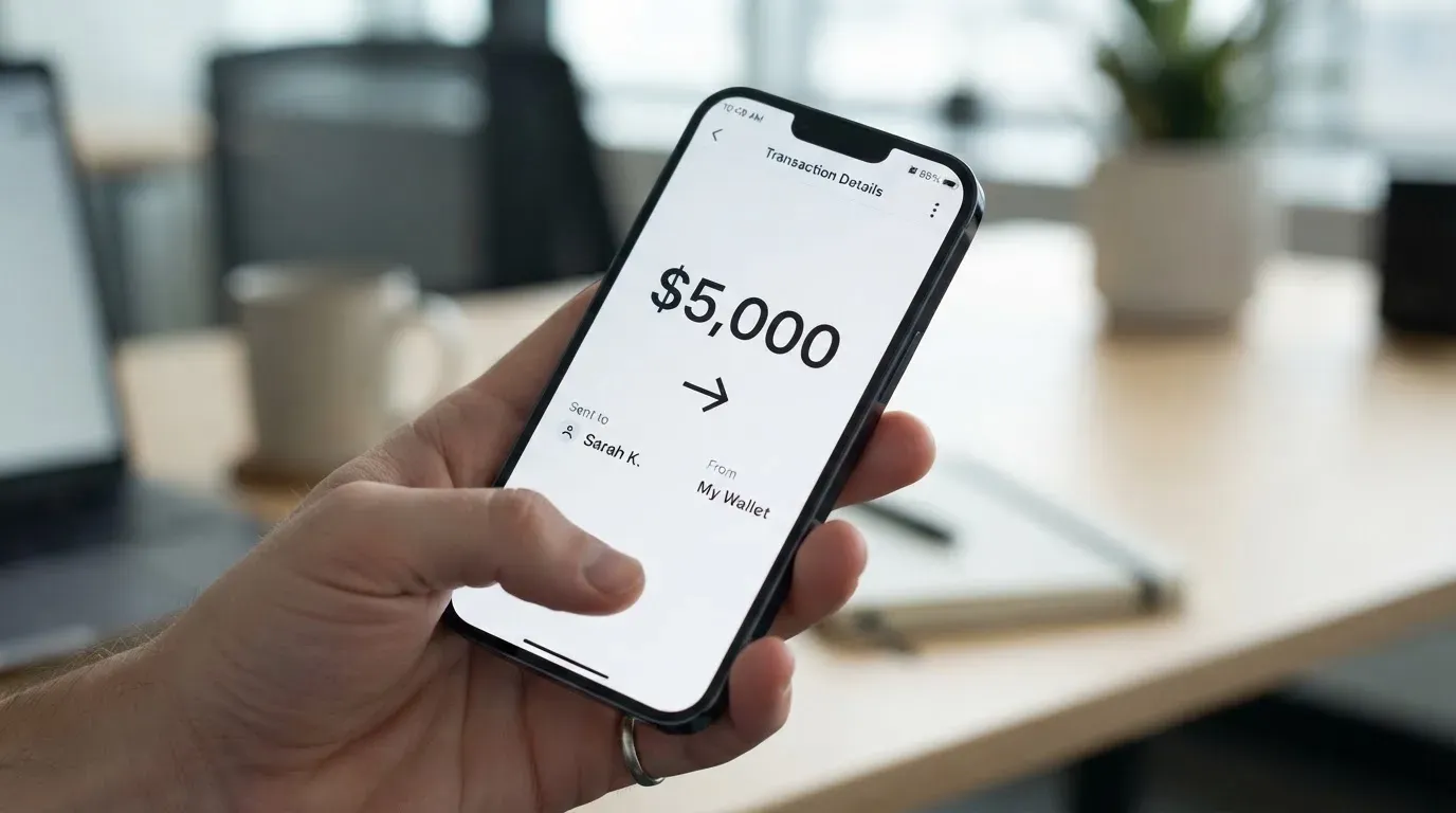 A phone showing a stablecoin transfer screen