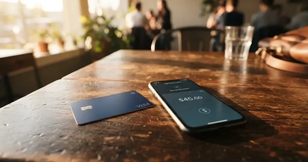 A payment card next to a phone with a crypto wallet app open