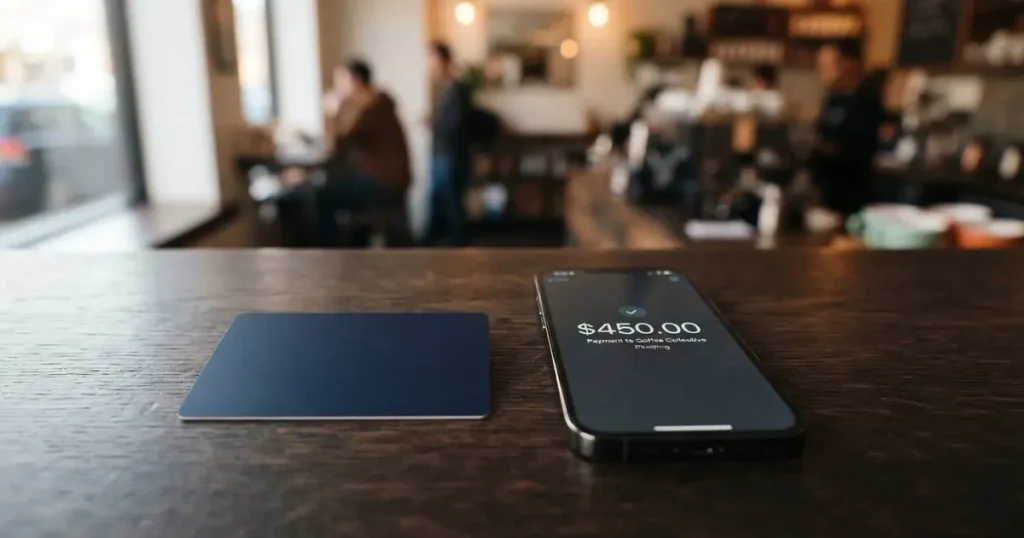 A payment card next to a phone with a crypto wallet app open