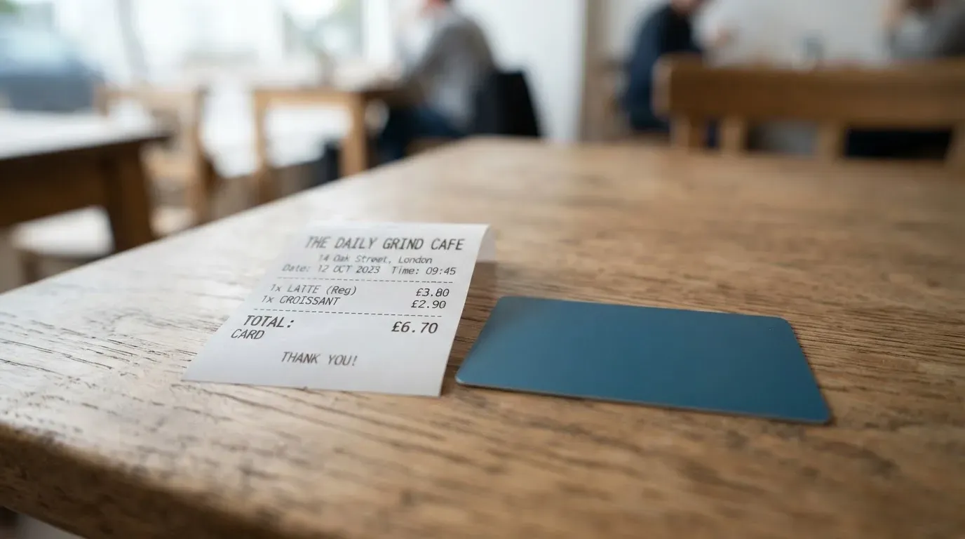 A receipt and a card on a café table
