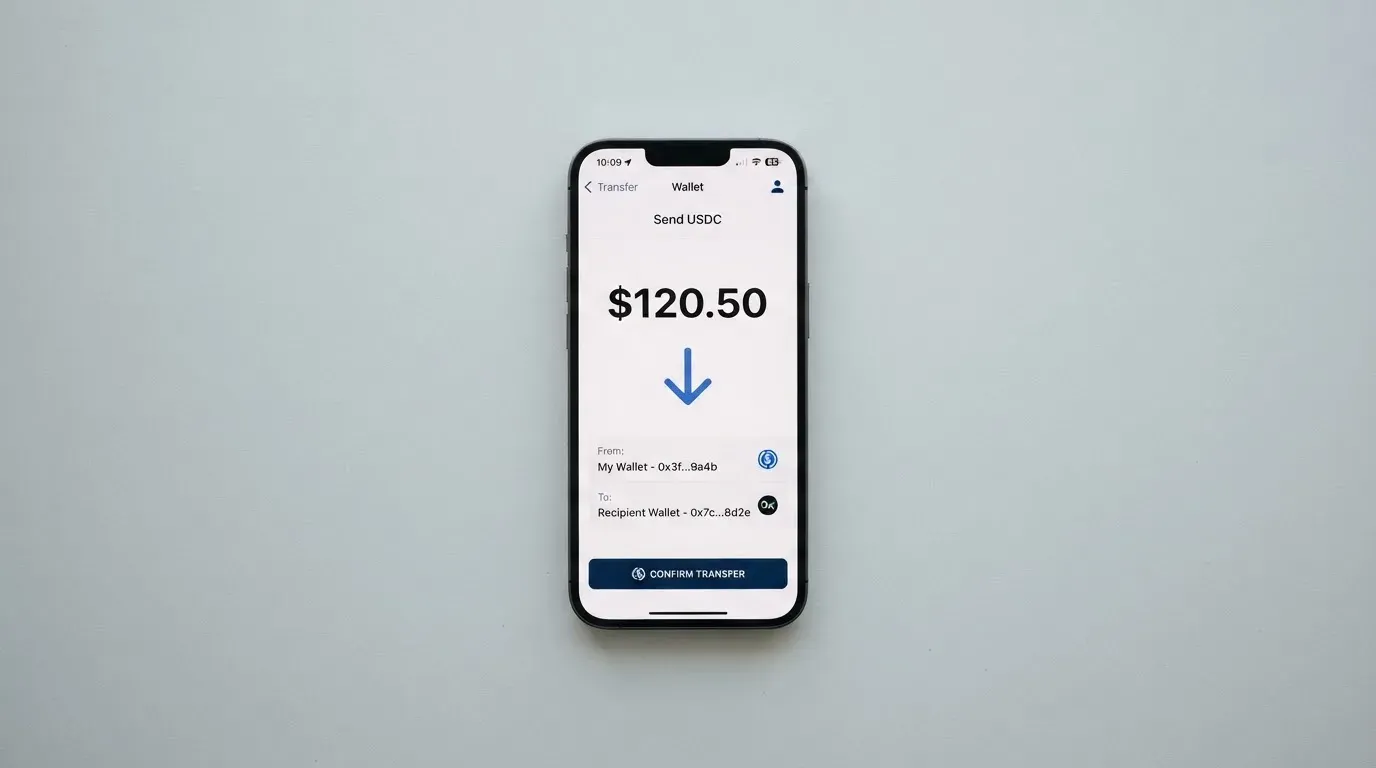A phone showing a stablecoin transfer screen