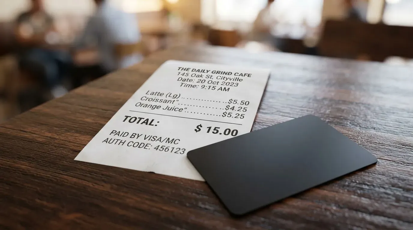 A receipt and a card on a café table