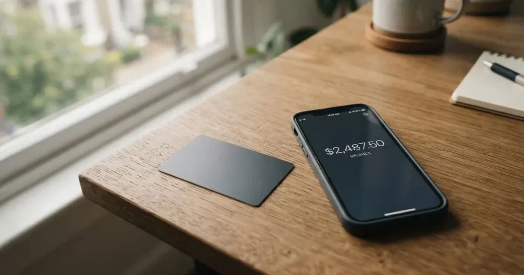 A payment card next to a phone with a crypto wallet app open