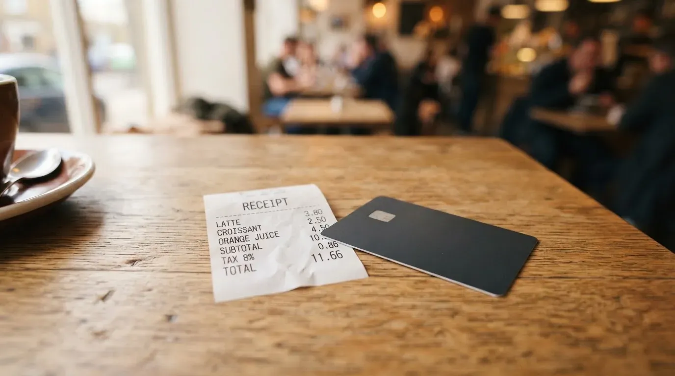 A receipt and a card on a café table