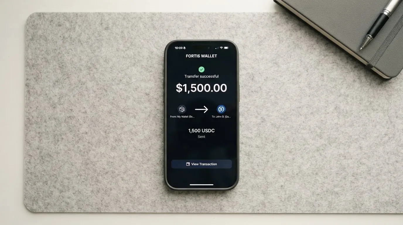 A phone showing a stablecoin transfer screen