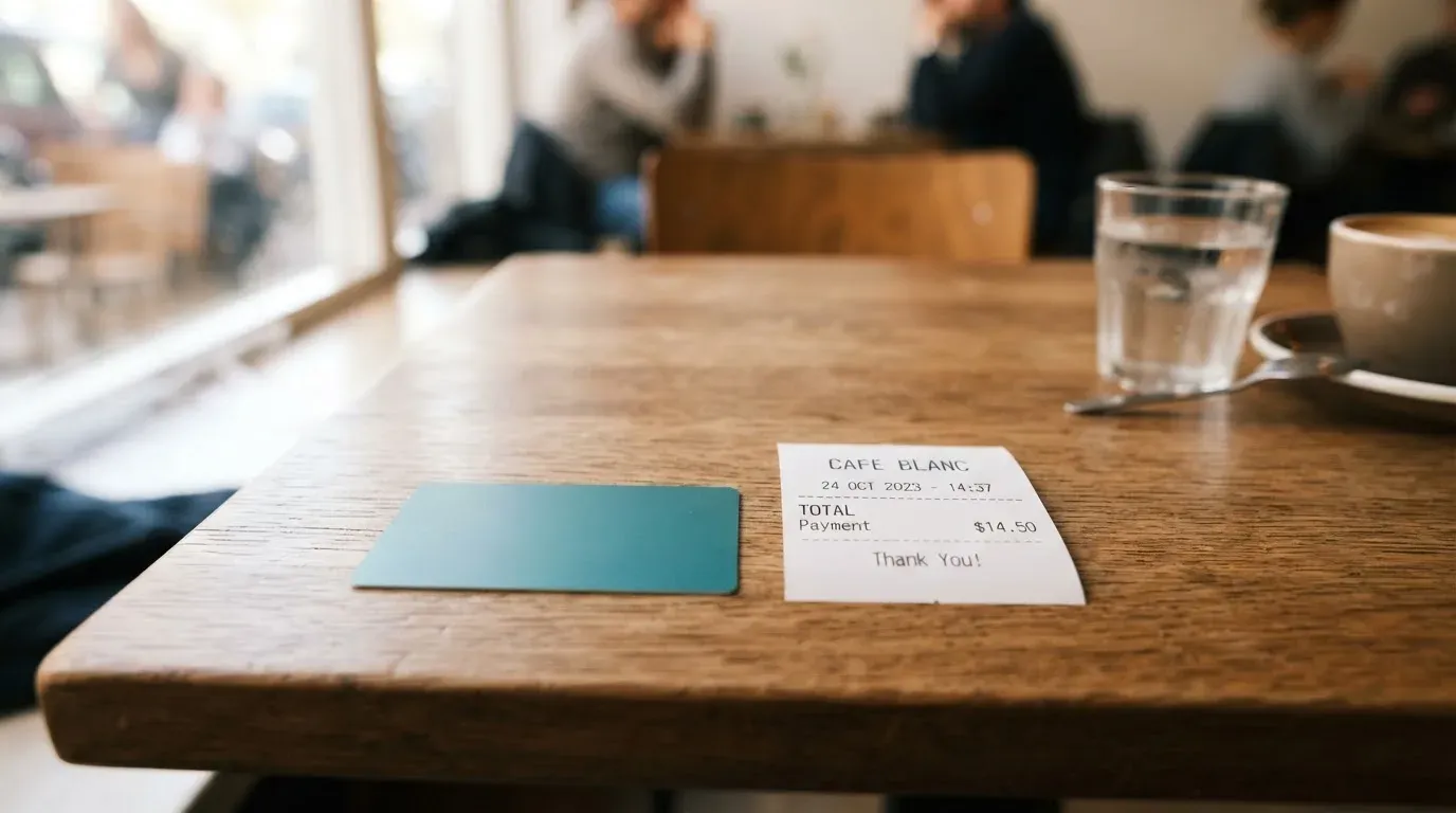 A receipt and a card on a café table