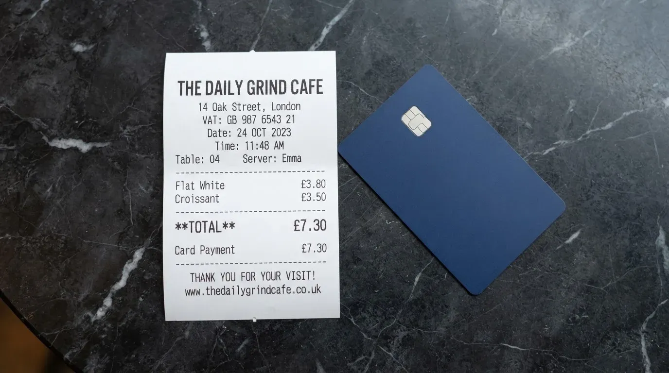 A receipt and a card on a café table