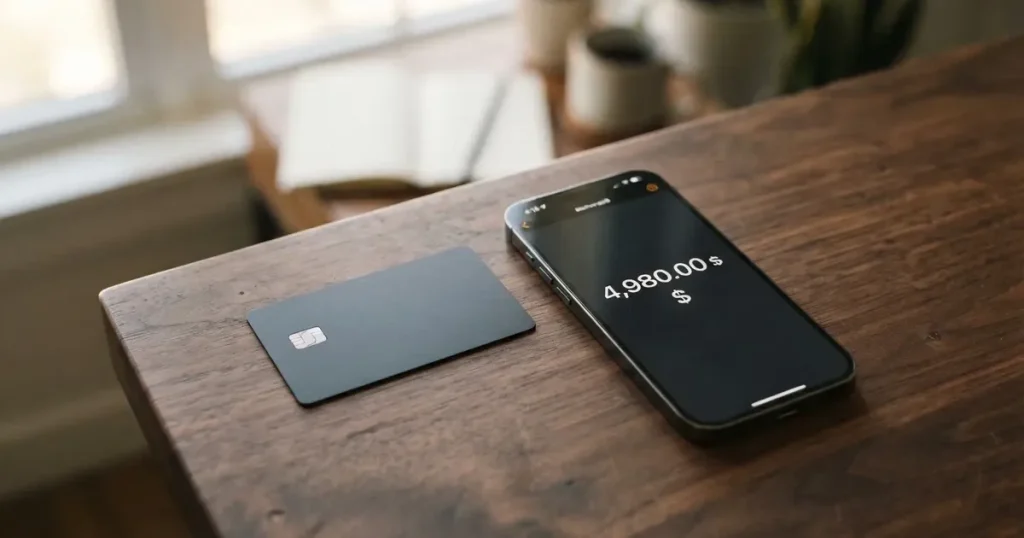 A payment card next to a phone with a crypto wallet app open