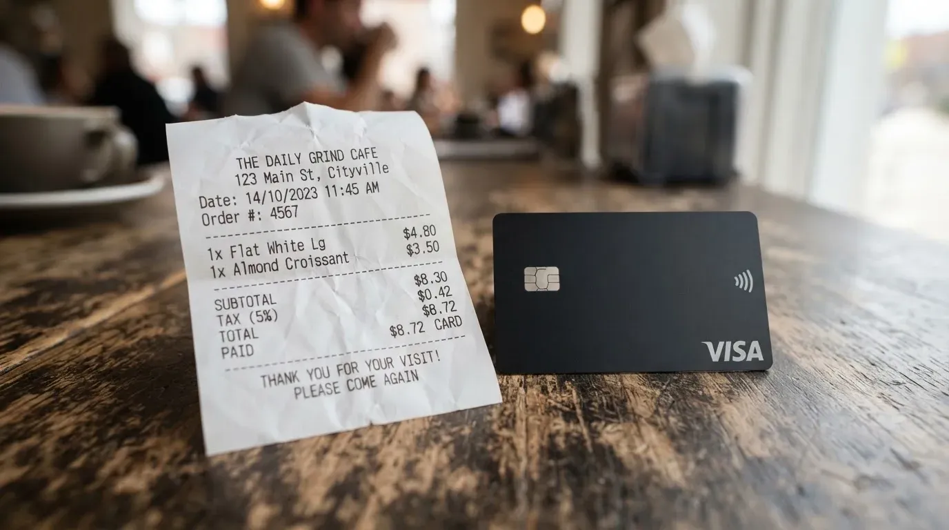A receipt and a card on a café table