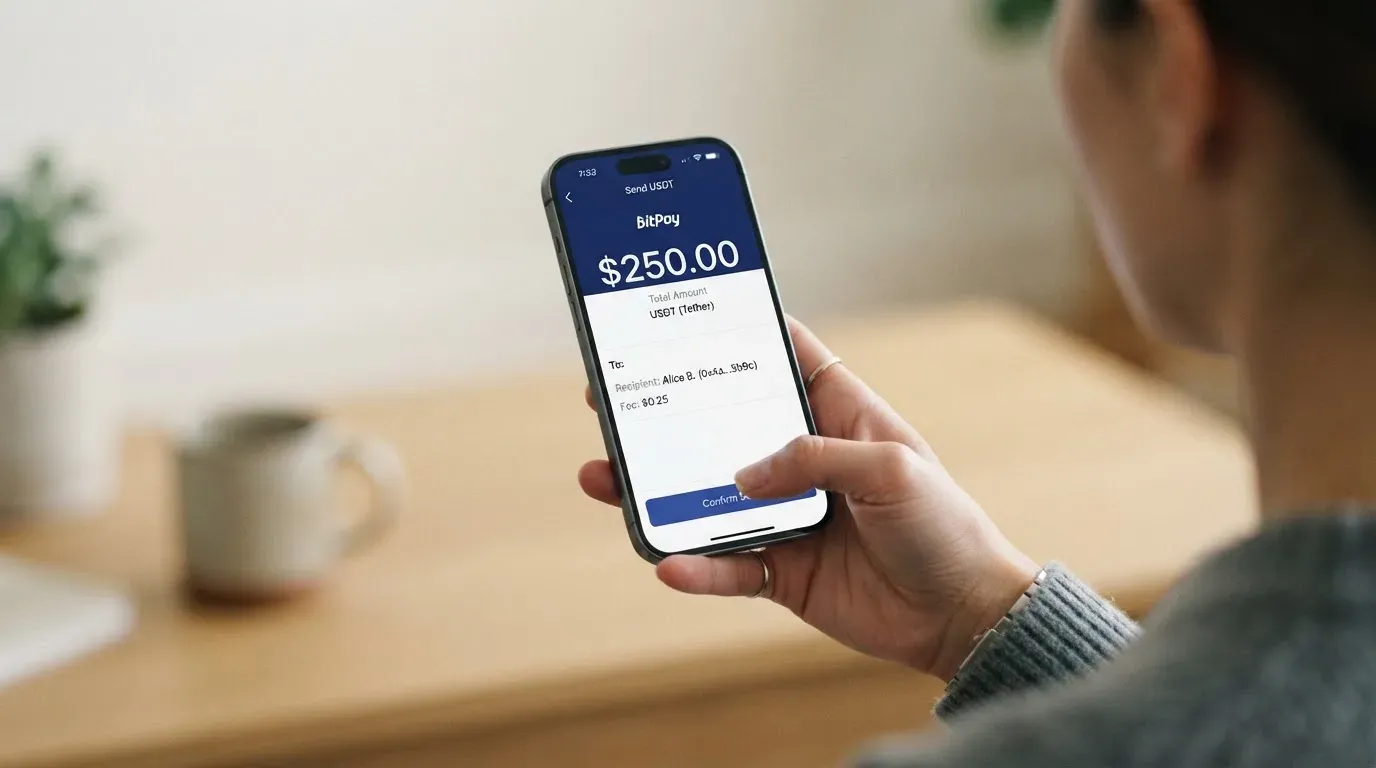 A phone showing a stablecoin transfer screen