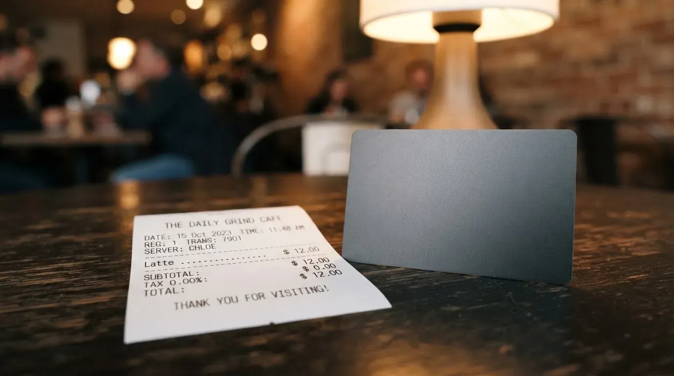 A receipt and a card on a café table
