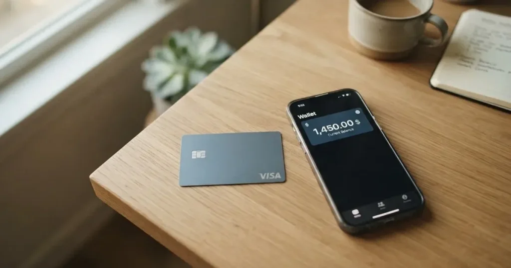 A payment card next to a phone with a crypto wallet app open