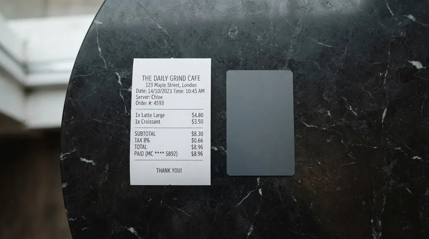 A receipt and a card on a café table