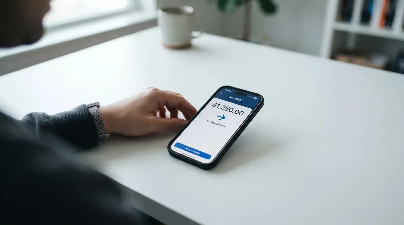 A phone showing a stablecoin transfer screen