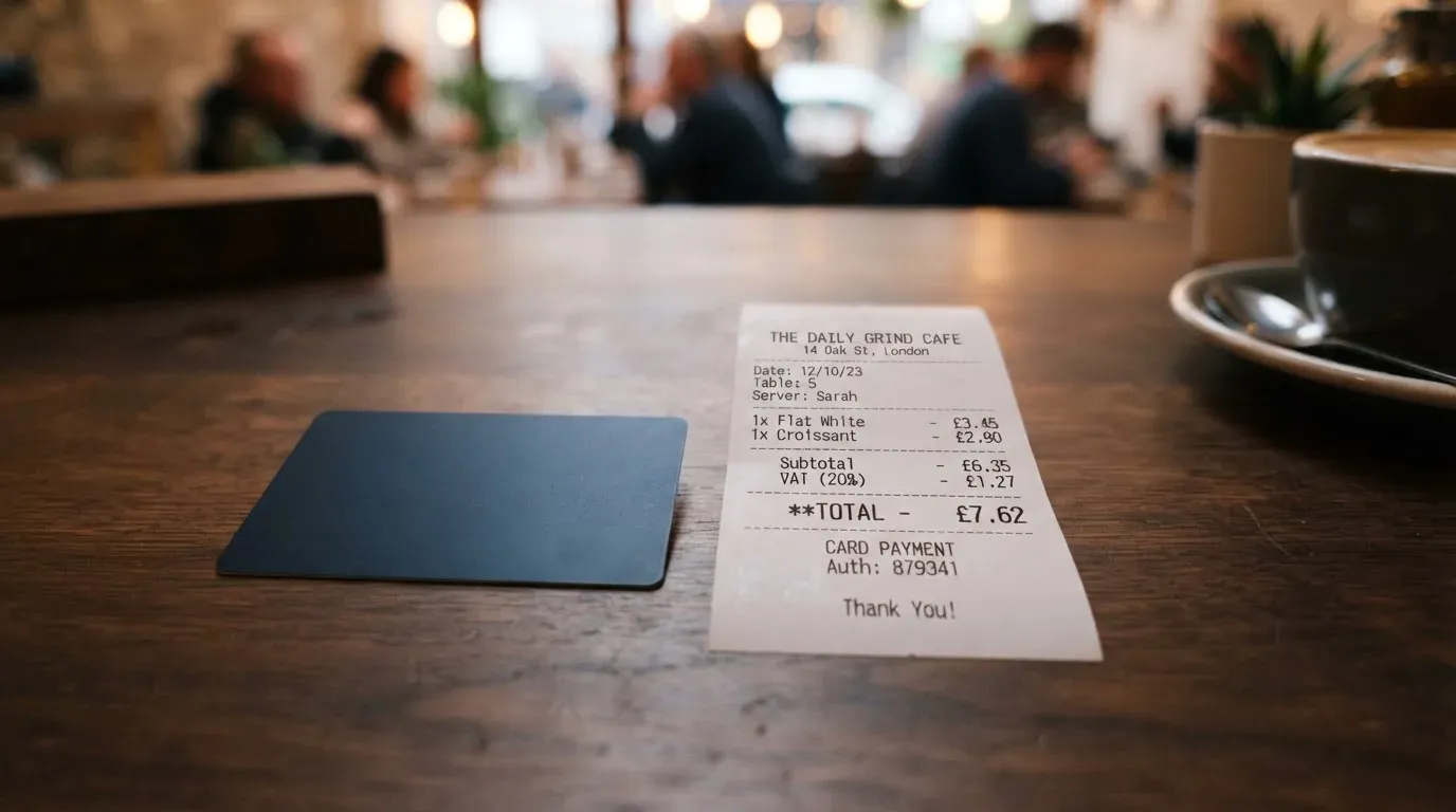 A receipt and a card on a café table
