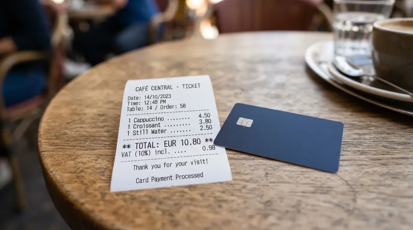 A receipt and a card on a café table