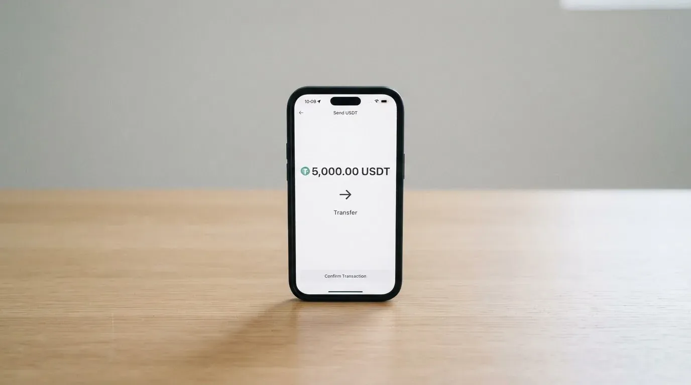 A phone showing a stablecoin transfer screen