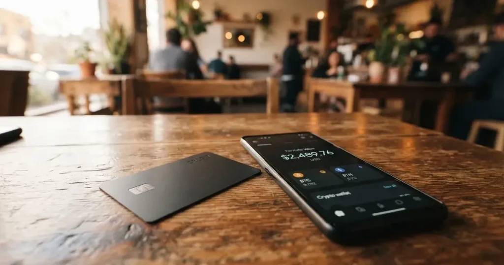 A payment card next to a phone with a crypto wallet app open
