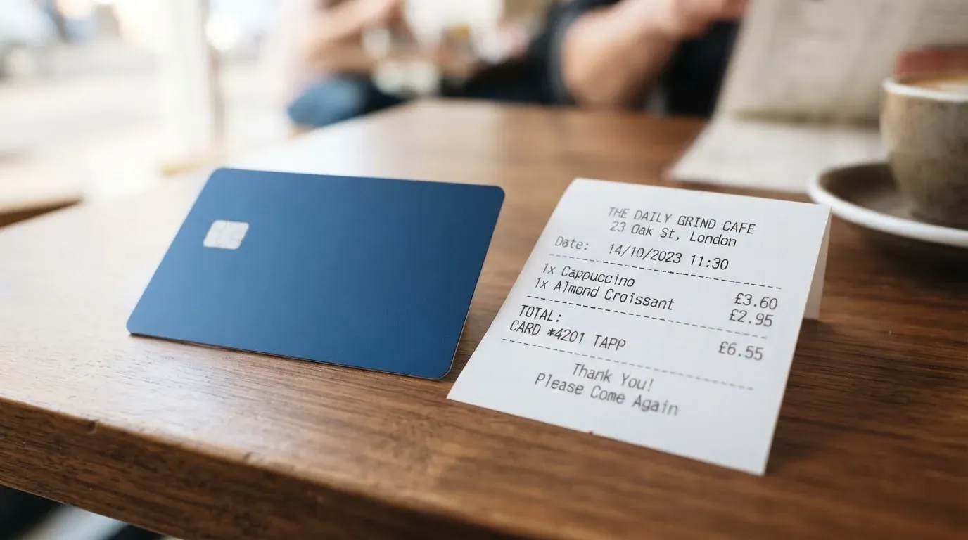 A receipt and a card on a café table