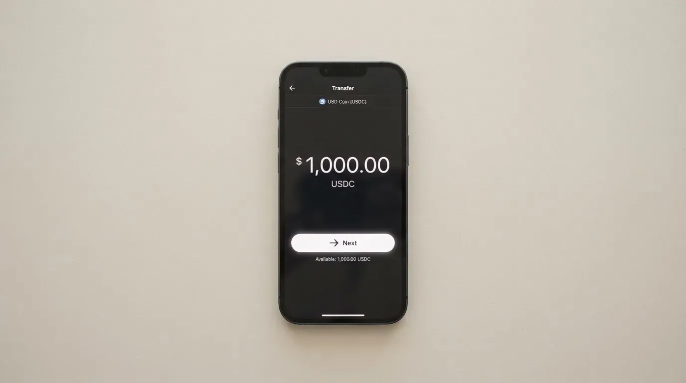 A phone showing a stablecoin transfer screen